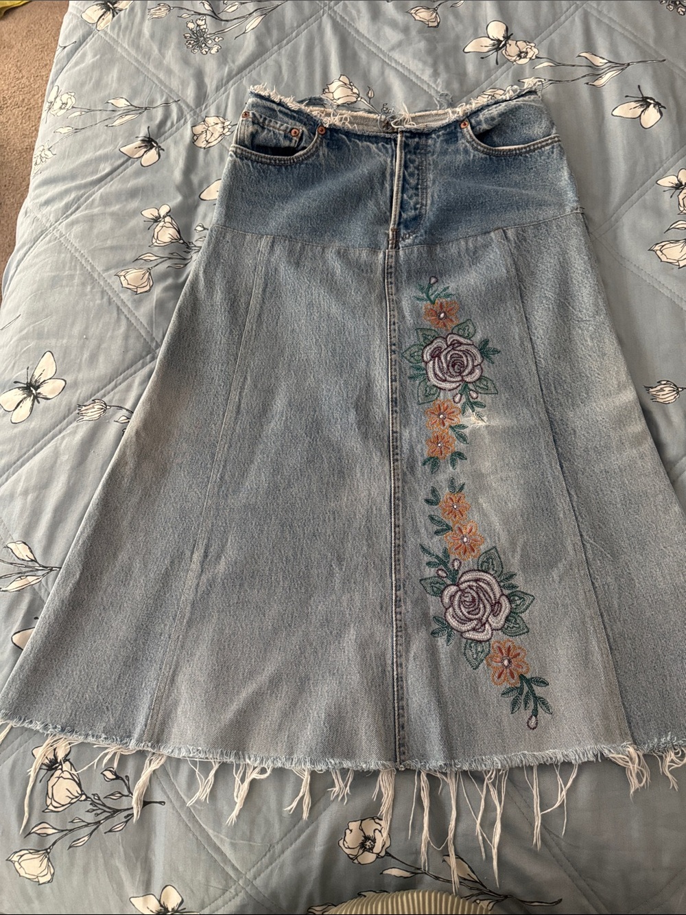 Catch a Fire:  Vintage Light Blue Denim A-Line Skirt with Floral Embroidery